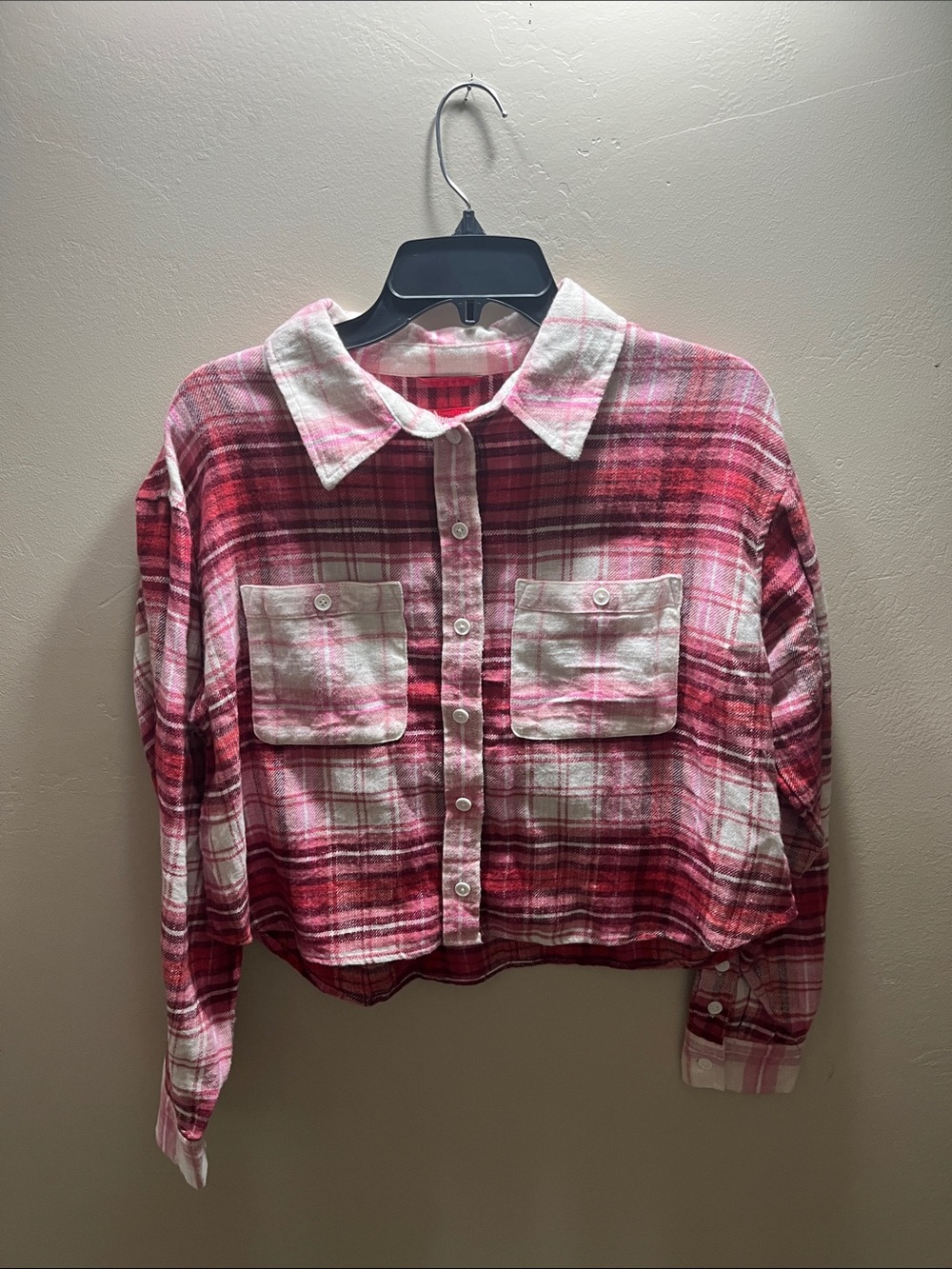 American Eagle Outfitters Pink & White Plaid Cropped Button-Up Jacket